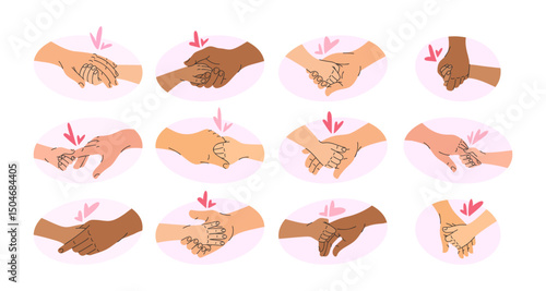 Adult and child hands holding together with love design elements set isolated on white background