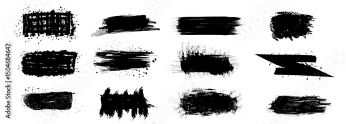 Variety of black brush strokes showcasing different textures and styles for graphic design and artistic projects.