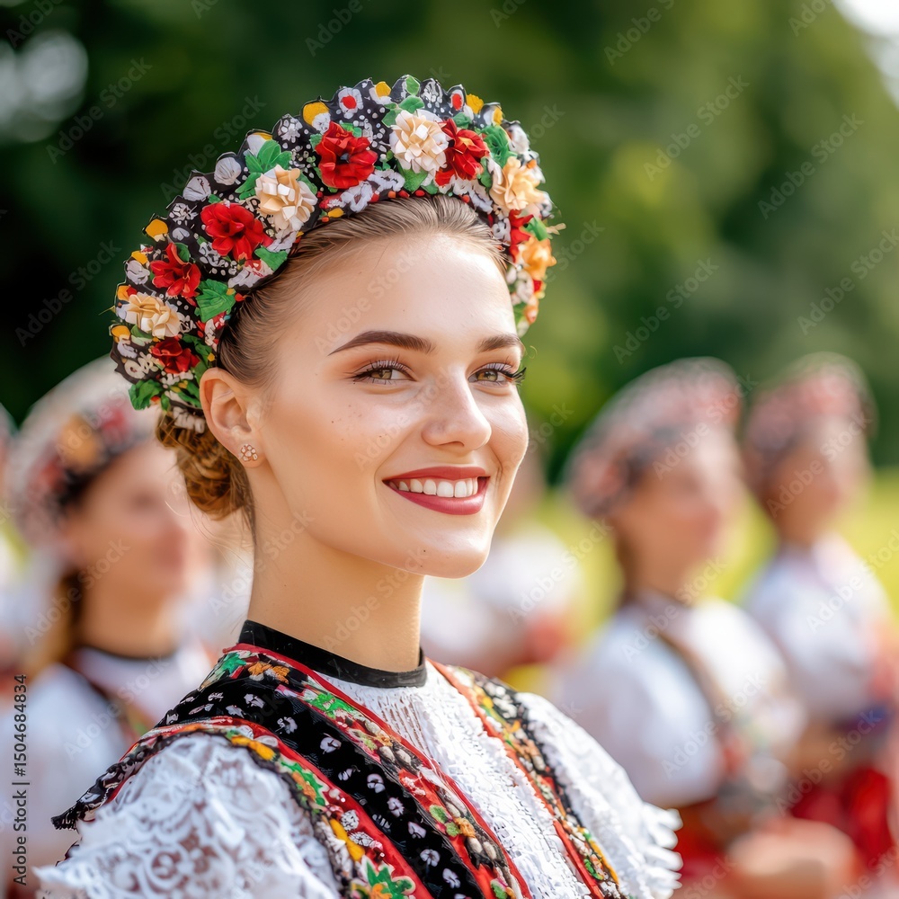 Fototapeta premium Beautiful young woman in traditional ethnic costume with floral headdress smiles at cultural festival event