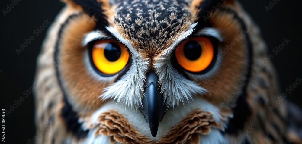 Obraz premium Close-up image of owl face. Big yellow eyes looking at camera, sharp details. Beautiful plumage, feather texture. Night bird of prey predator wildlife.