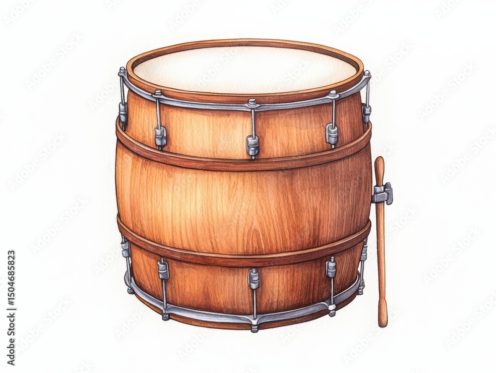 Hand-drawn wooden drum with a polished finish and silver hardware representing musical craftsmanship and art Hand-drawn wooden drum with a polished finish and silver hardware representing musical craftsmanship and art
