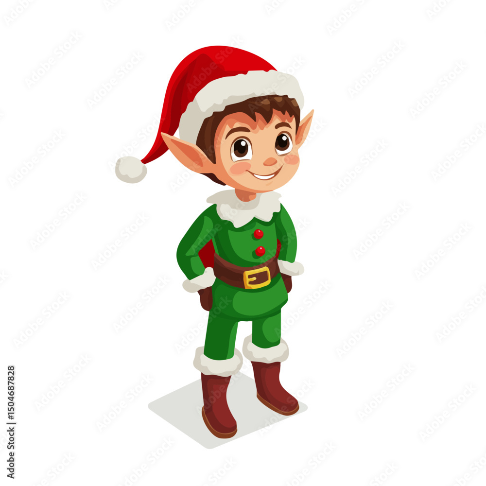 Christmas Elf, vector graphic, 2D flat isometric cartoon illustration on white background.
Christmas Elf, vector graphic, 2D flat isometric cartoon illustration on white background.