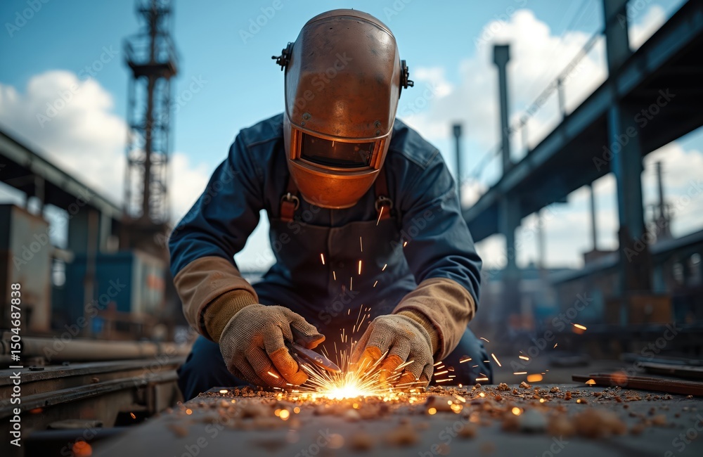Welder works in factory. Man wearing protective gear welds steel. Labor day concept, industrial worker at job with torch. Welding sparks, metal, construction, industry. Welder works in factory. Man wearing protective gear welds steel. Labor day concept, industrial worker at job with torch. Welding sparks, metal, construction, industry.