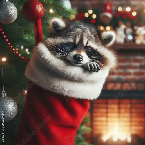 Raccoon Sleeping in a Christmas Gift Sack – Festive Cozy Holiday Scene
