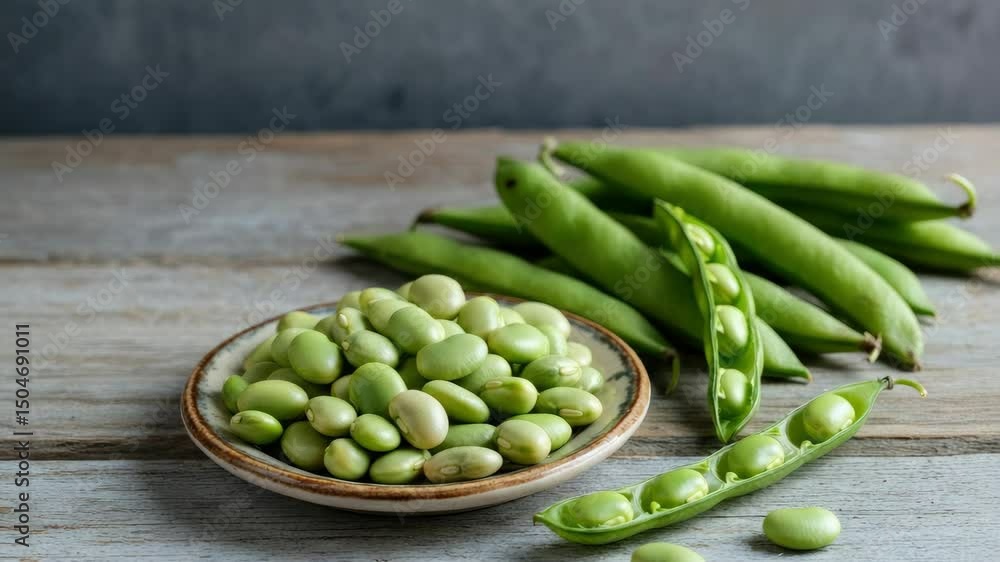 Freshly shelled green beans in bowl with pods on wooden surface Freshly shelled green beans in bowl with pods on wooden surface