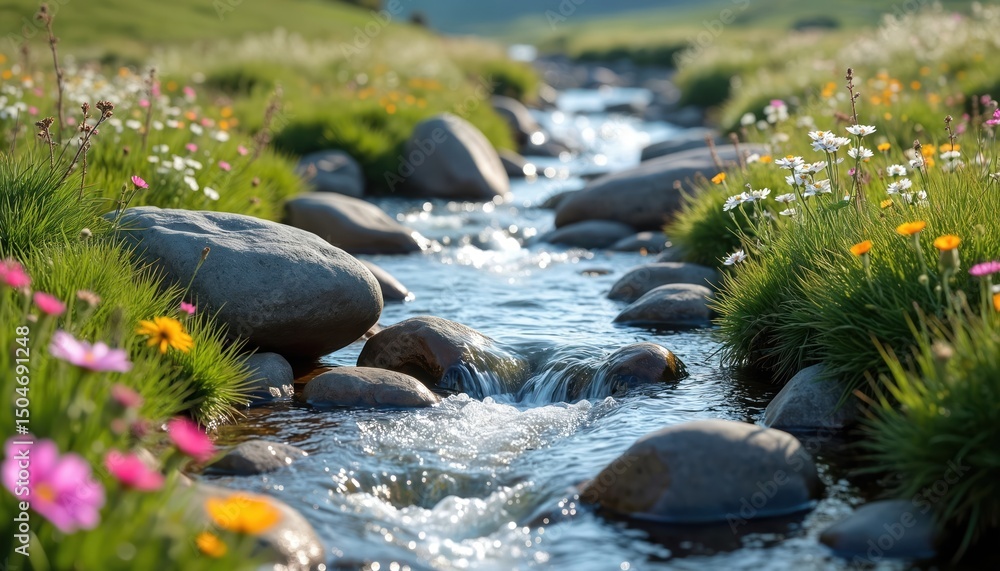 Obraz premium Summer mountain terrain with meadows streams of clear water. Wildflowers bloom on green grass. Stones, rocks in water. Sunny, natural eco landscape with fresh water.
