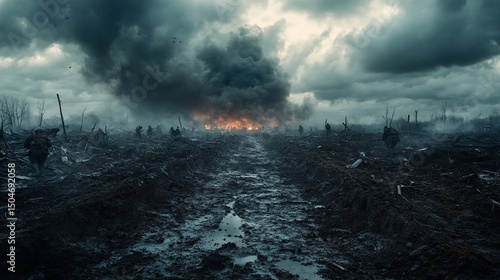 The Somber Reality of War: Soldiers Marching Through a Devastated Battlefield