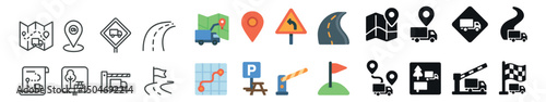 Transport and navigation icon collection in line, flat, and colorful styles for mapping needs