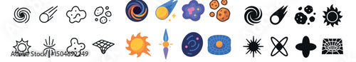 Space and astronomy icon collection: flat, outline, glyph. cosmic and celestial design set