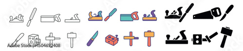 Woodworking tools icon collection in line, colored and glyph styles. carpentry symbols set