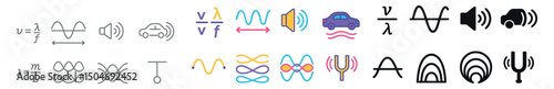 Science and physics icons collection: wave, frequency, and vibration flat icon set