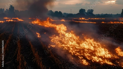 Field ablaze, smoke billowing. Arson suspected.