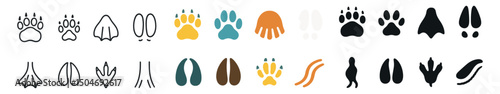 Animal tracks icon collection in monochrome and colorful styles. footprint and trail symbols