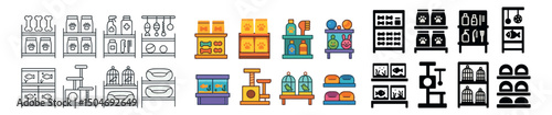 Pet care icon collection: outline, colored and solid style. animal supplies and equipment