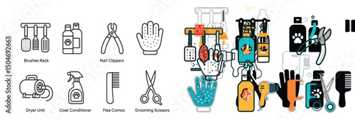 Pet grooming tools icon collection in flat, outline, and filled styles for animals