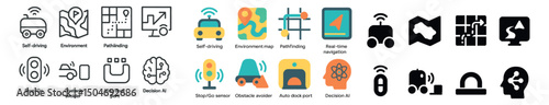 Autonomous vehicle icon collection. minimalist, flat and solid design for navigation