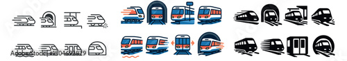 Train and metro icon collection in linear, silhouette and flat styles. transit and transport set
