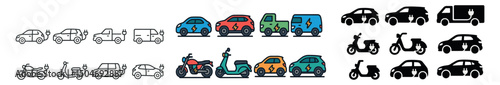 Electric vehicle icon collection in line, color, and silhouette styles. eco and transport visuals