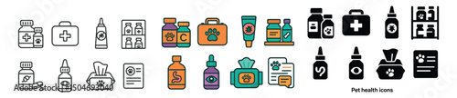 Pet health and care icon collection in line, flat and silhouette styles. animal wellness set