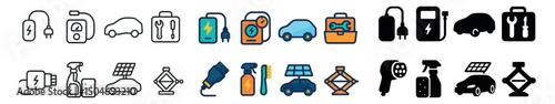 Electric car maintenance icon collection. colorful, outline, and glyph style set