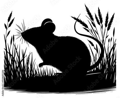 A black and white silhouette of a vole mouse sitting in the grass in a field on a white isolated background. Vector graphics. EPS.