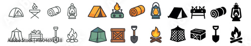Camping and hiking icon collection in outline, flat, and silhouette styles. outdoor adventure