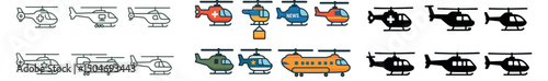 Helicopter icon collection in flat, outline, and silhouette styles. aviation and transport set