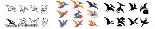 Pterodactyl icon collection in outline, filled, and flat styles. dino and prehistoric set