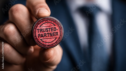 A hand holding a trusted partner stamp with a blurred suit background showing professionalism and trust