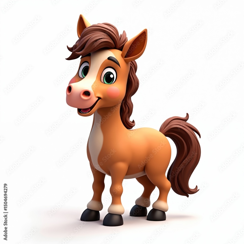 Charming cartoon horse stands white background. Friendly eyes brown mane tail. Cute pony character in playful stance. Fun design for children books, advertising, print, web. Charming cartoon horse stands white background. Friendly eyes brown mane tail. Cute pony character in playful stance. Fun design for children books, advertising, print, web.