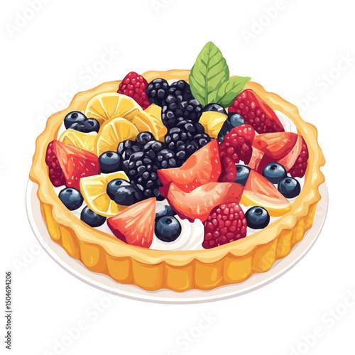 Fruit Tart, vector graphic, 2D flat isometric cartoon illustration on white background.
