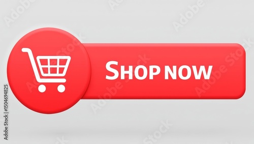 Bold modern shopping graphic with red shopping cart icon and shop now calltoaction button on light gray background
