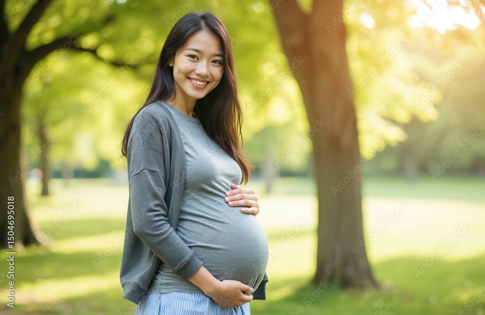 Portrait of happy young Asian pregnant woman holding belly in park. Smiling female in maternity wear. Expectation, motherhood, parenthood concept. Happy pregnancy, family health. Green park Portrait of happy young Asian pregnant woman holding belly in park. Smiling female in maternity wear. Expectation, motherhood, parenthood concept. Happy pregnancy, family health. Green park