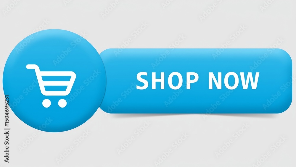 Bold modern shopping graphic with blue circular icon and shop now button on light gray background Bold modern shopping graphic with blue circular icon and shop now button on light gray background