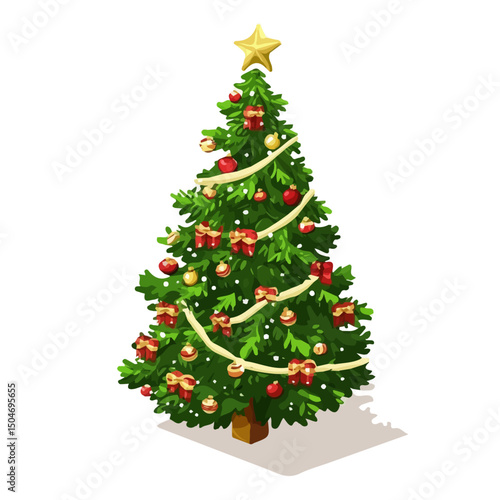 Christmas Tree, flat 2D isometric cartoon vector image isolated on white background.