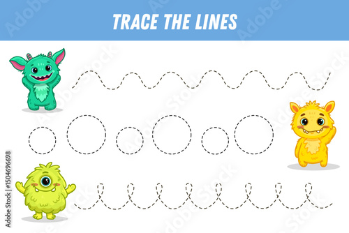 Tracing lines for kids. Cute cartoon monsters. Handwriting practice. Educational game for preschool kids. Activity page. Vector

