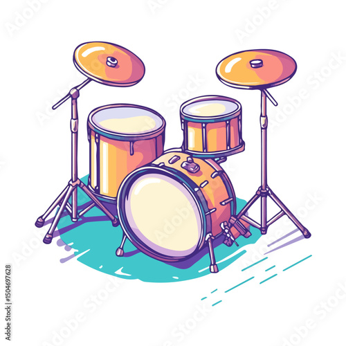 Drum Set, flat 2D isometric cartoon vector image isolated on white background.