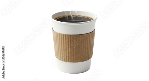 Hot coffee in paper cup with sleeve for morning caffeine boost takeaway coffee shop drink isolated on transparent background
