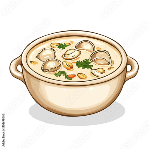 Clam Chowder, 2D isometric flat cartoon vector illustration isolated on white background.