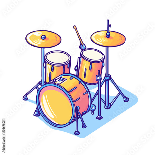 Drum Set, cartoon vector illustration, flat 2D isometric style, white background.
