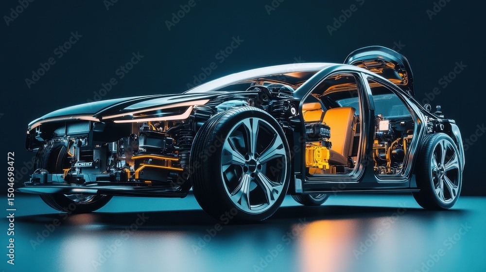 Innovative hybrid car design showcasing electric components with an open bonnet in a sleek studio setting Innovative hybrid car design showcasing electric components with an open bonnet in a sleek studio setting