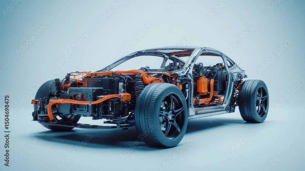 Detailed view of a hyper-realistic hybrid car highlighting electric components with an open bonnet in a modern studio setting Detailed view of a hyper-realistic hybrid car highlighting electric components with an open bonnet in a modern studio setting