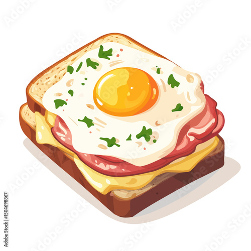 Croque Madame, vector graphic, 2D flat isometric cartoon illustration on white background.
