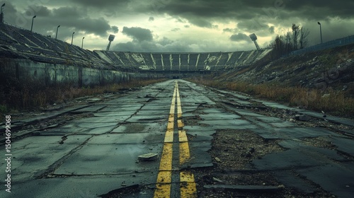 Ruins of a once-thriving stadium lie silently under a shroud of ash, with broken roads leading to an uncertain future under a gloomy sky