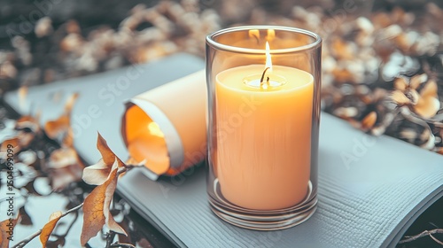 Relaxing Autumn Scene with Lit Candles and Yoga Mat