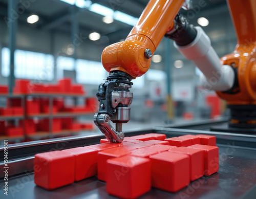 Robotic arm manipulator moves red toy blocks at modern industrial robot trade show exhibition. Pick and place automation, robotics engineering, manufacturing process. AI in action at factory.