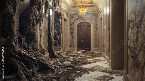 Nature s triumph over luxury as roots invade the opulent hallway of a once grand hotel