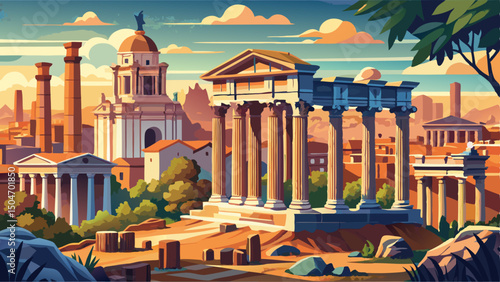 The ruins of the Roman Forum and the Temple of Antoninus and Faustina stand majestically at the center, framed by the historic cityscape of Rome, Italy, in the background.