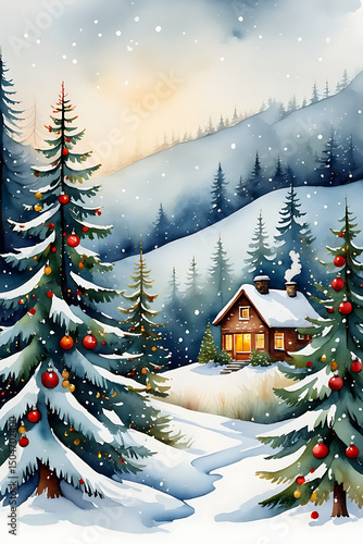 Snowy cabin in forest with decorated Christmas trees at sunset