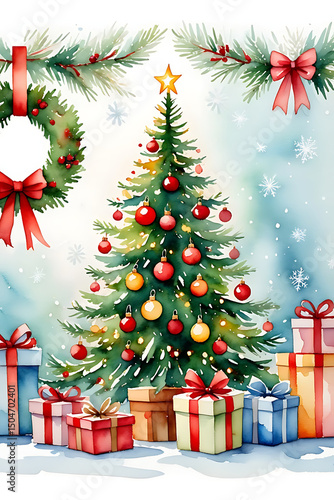 Decorated Christmas tree with gifts and wreaths in snowy scene
